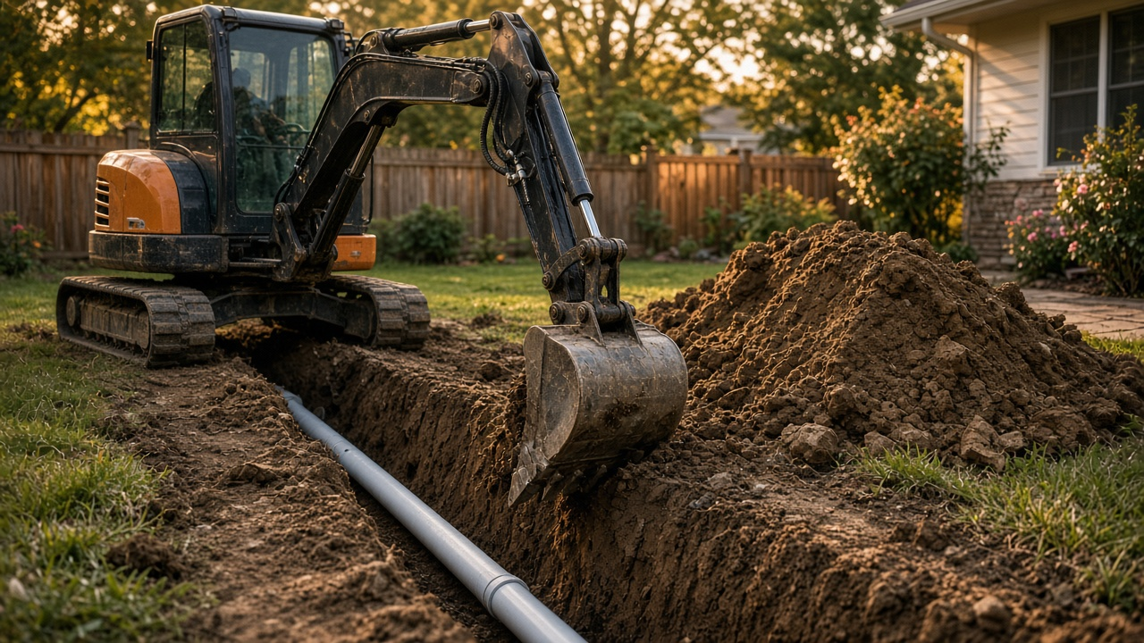 Compact excavator trenching a utility line